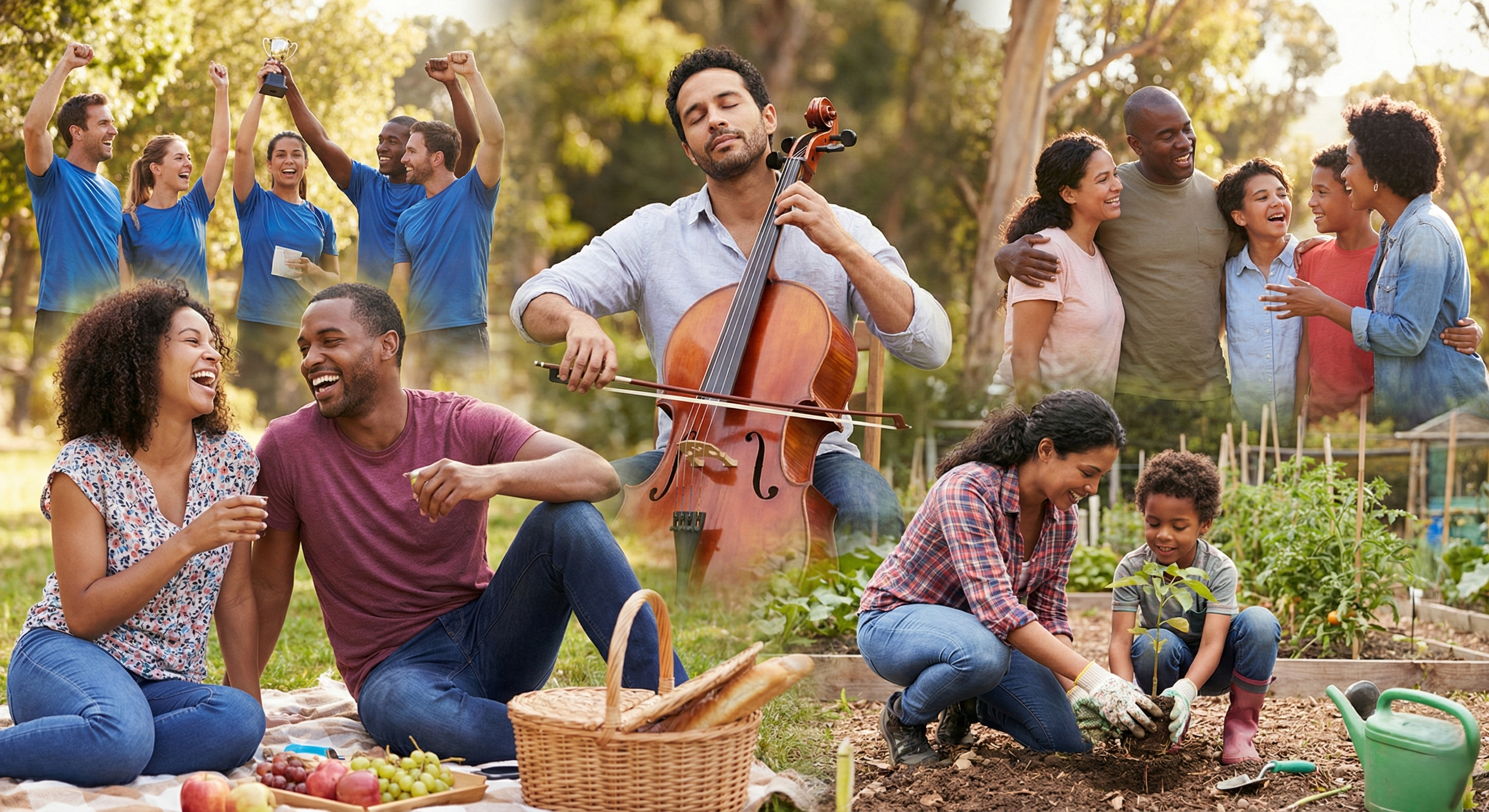 Personas realizan acciones diferentes que se relacionan con los cinco elementos del modelo PERMA propuestos por la psicologia positiva.