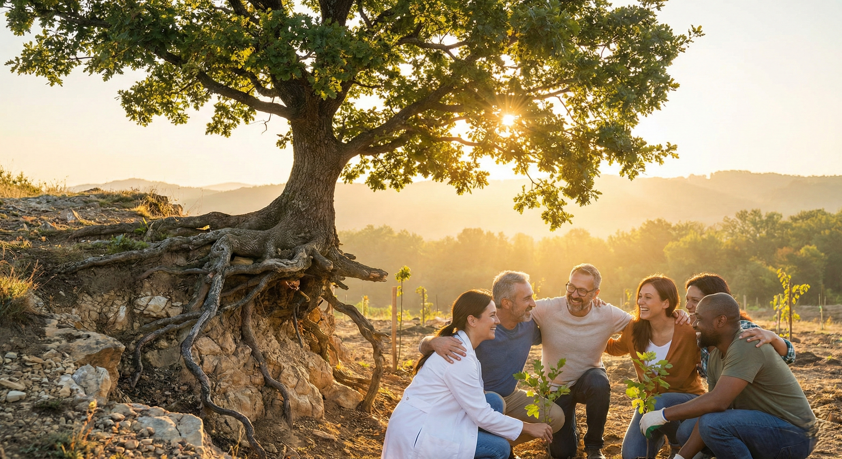 Seis personas en círculo sostienen, cada uno, plantas que representan su crecimiento a partir de un evento traumático. A un lado de ellos se encuentra un árbol con sus raíces expuestas, representando el proceso de transformación a partir de una adversidad. Se muestra frondoso y con la luz del sol reflejándose en sus ramas verdes.