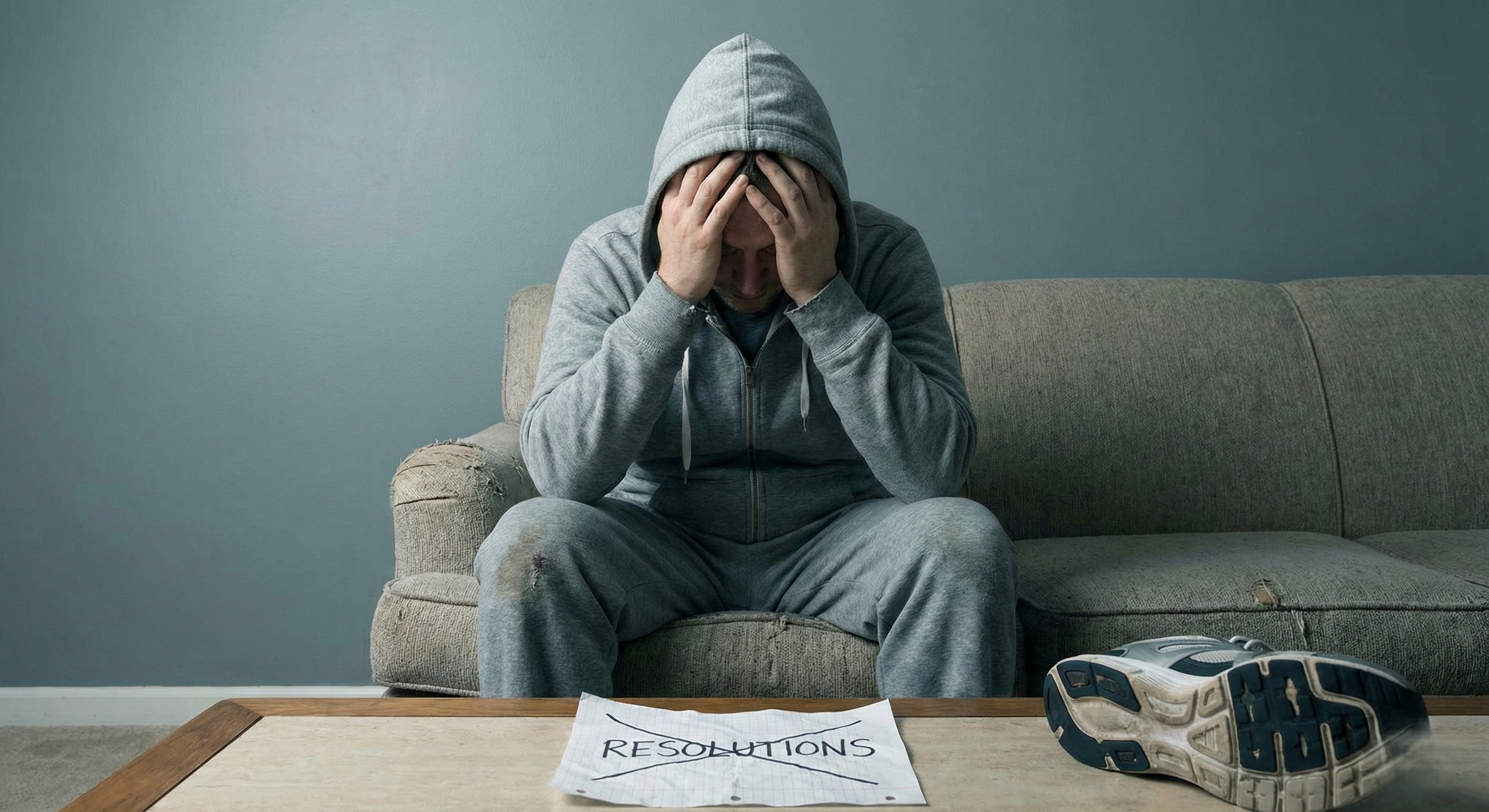 Hombre desmotivado al ver que no ha logrado cumplir sus propósitos de año nuevo.