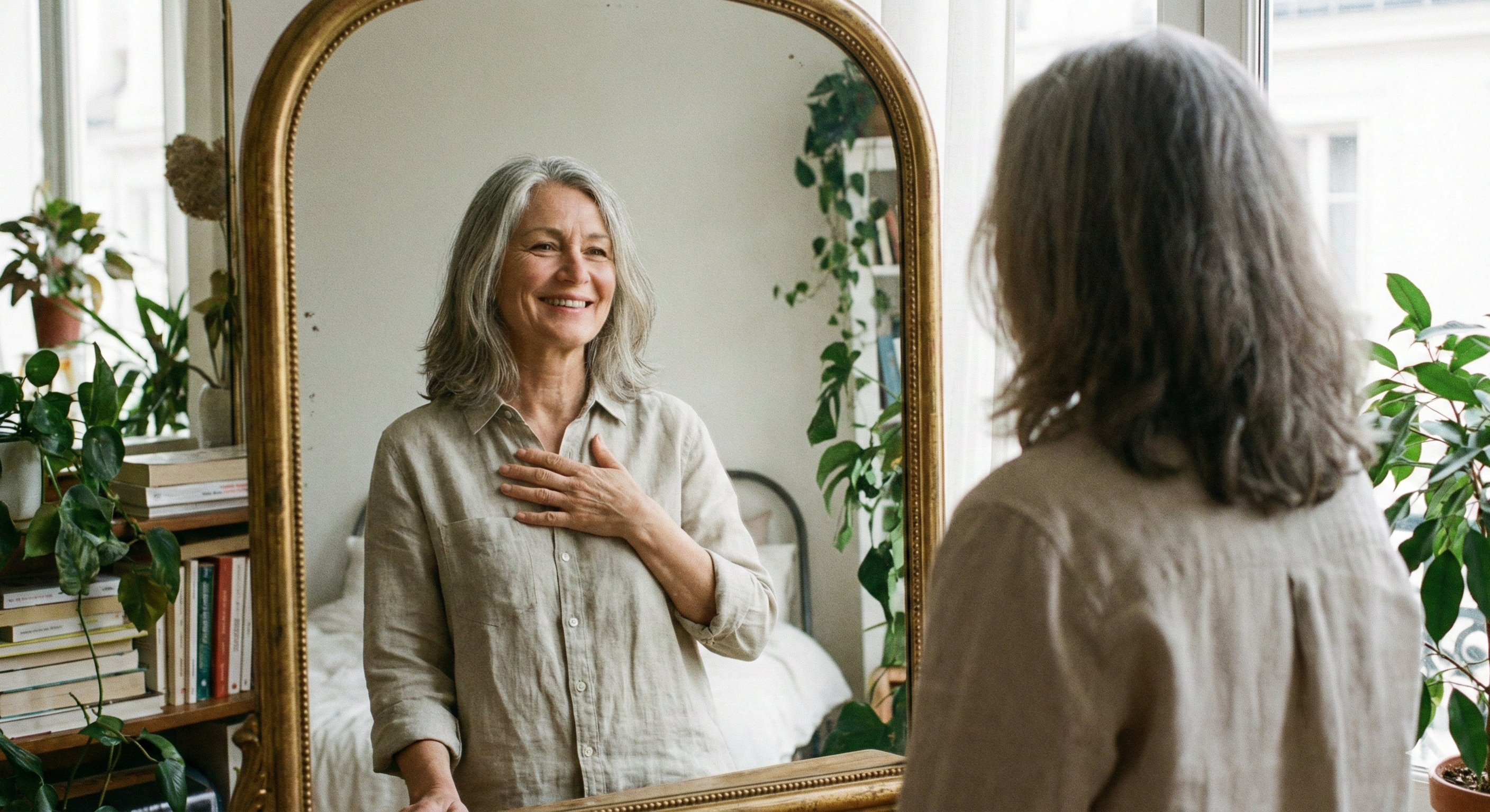 Mujer se mira en el espejo desde la auto aceptación y el amor propio
