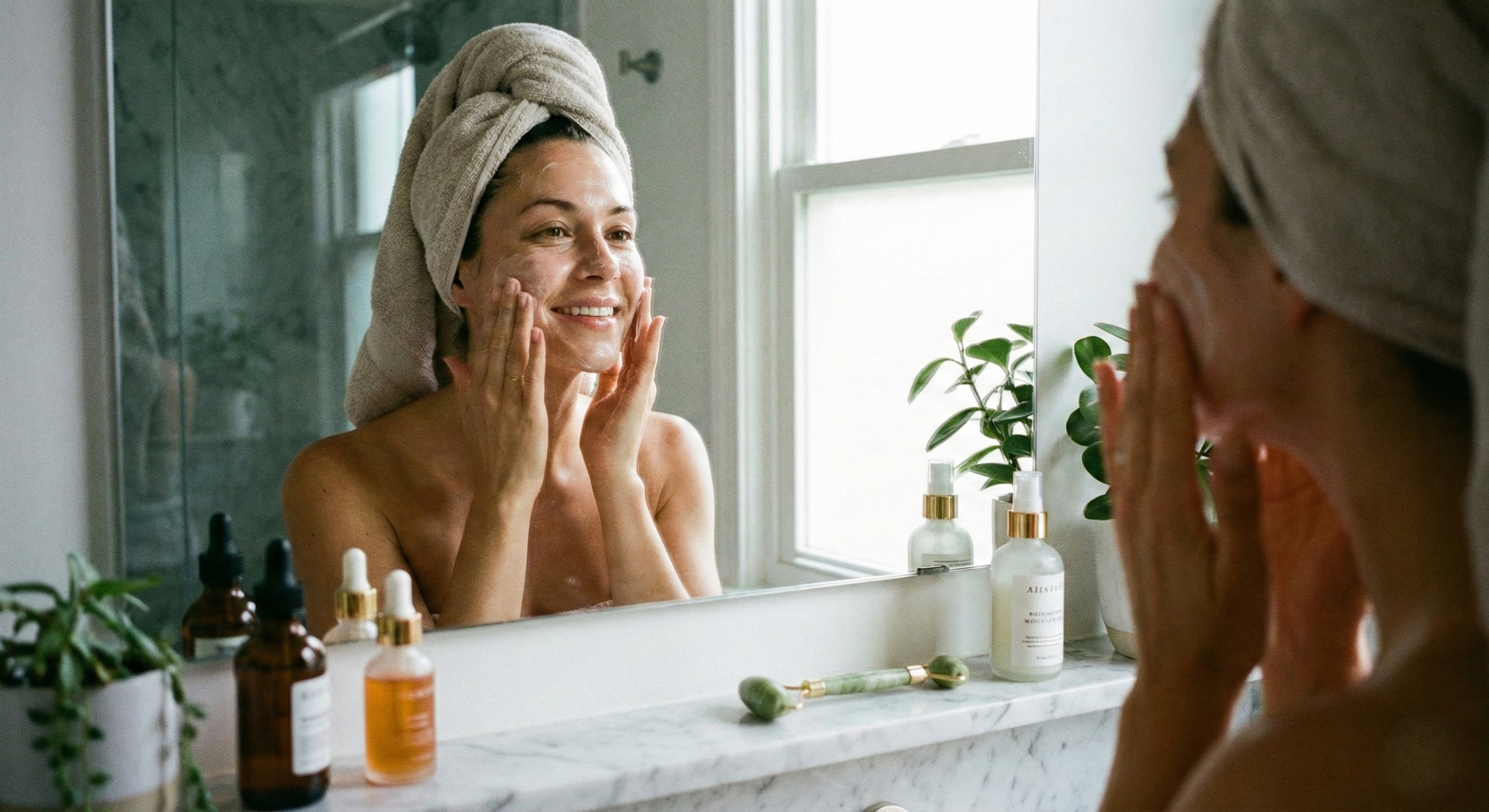 Mujer realizándose una rutina de skin care como parte del amor propio que se tiene