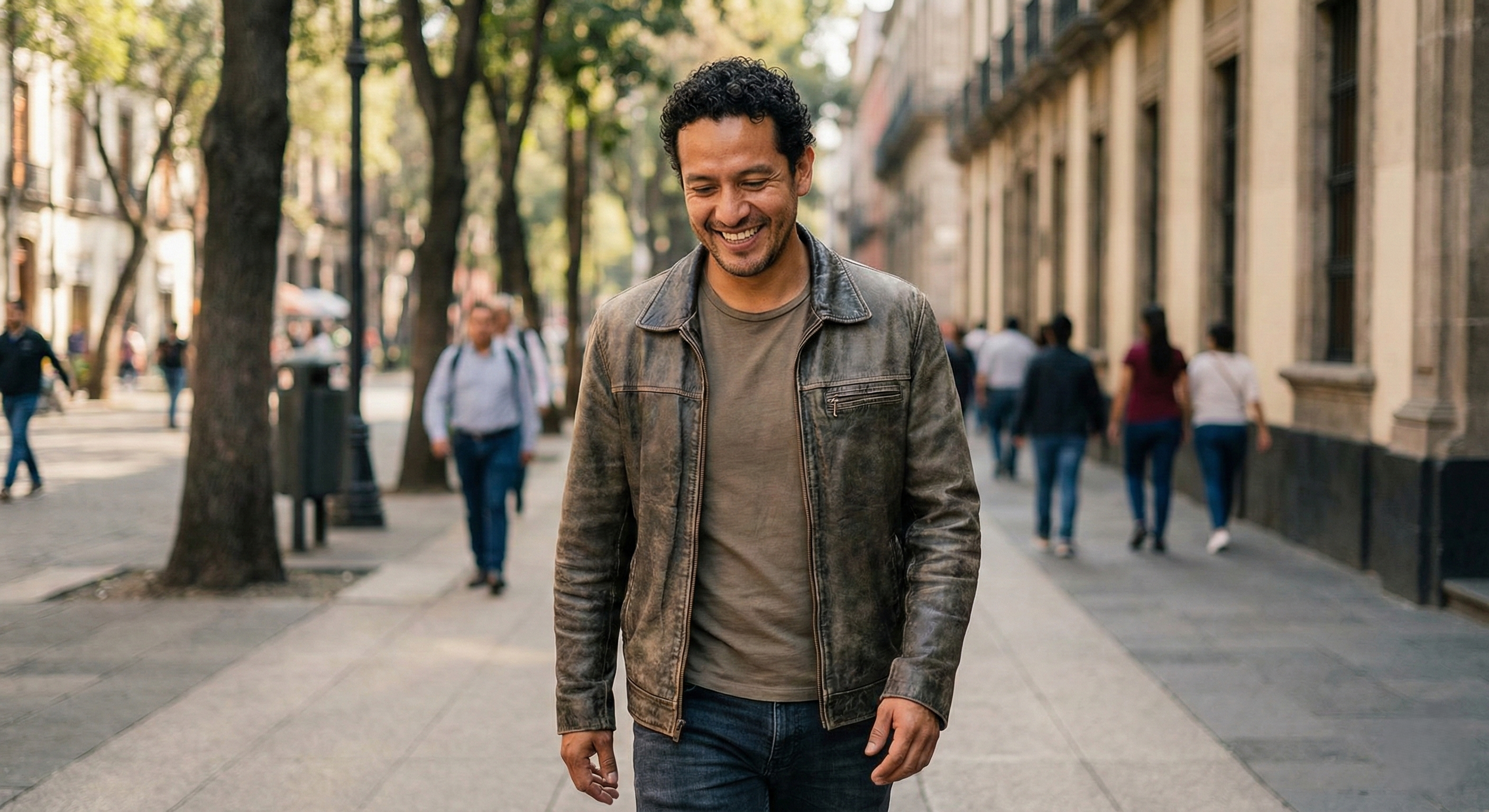 Hombre camina mientras sonríe al recordar a la persona que ama