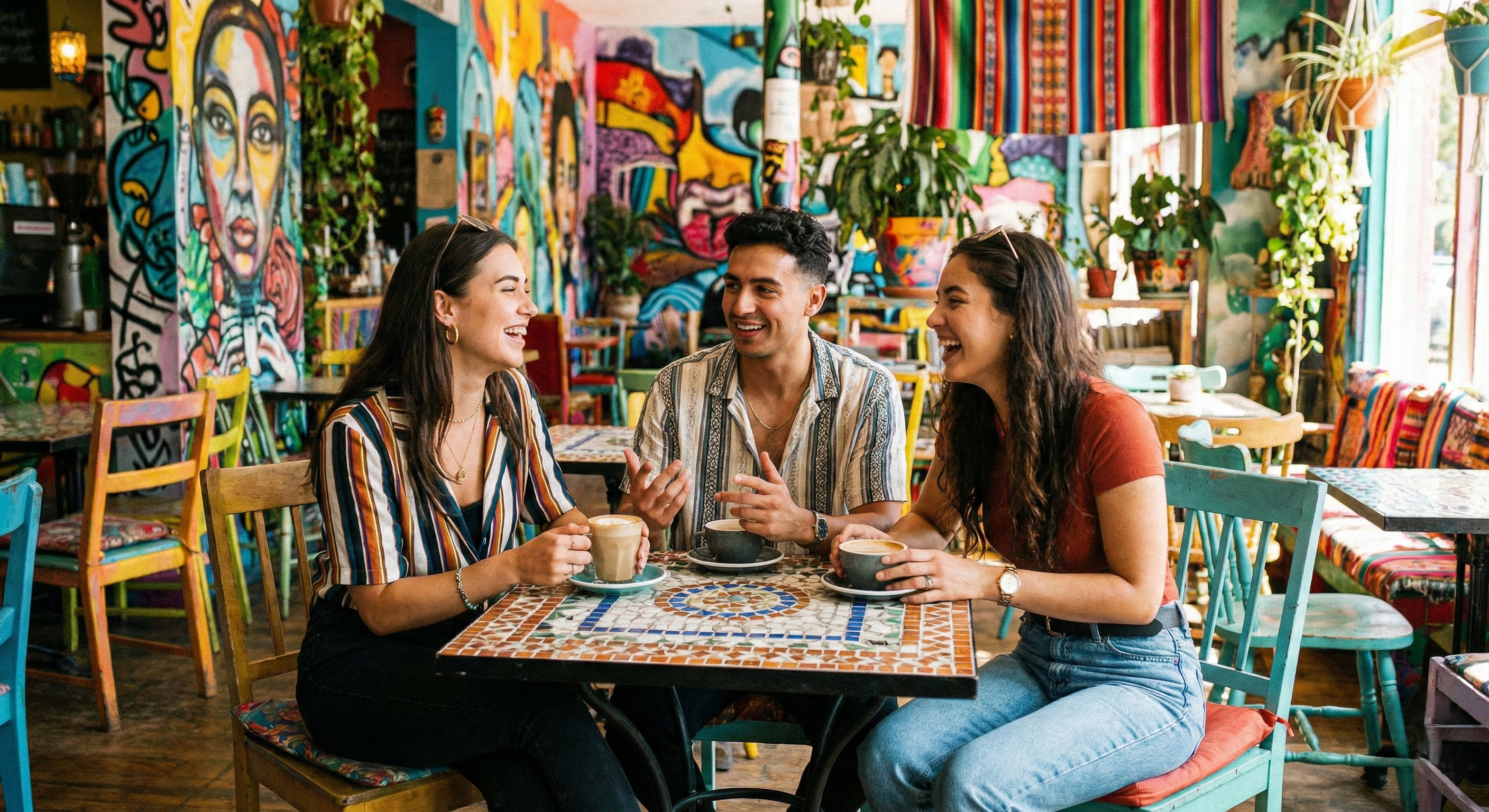 Un grupo de amigos conviven de manera agradable en un café