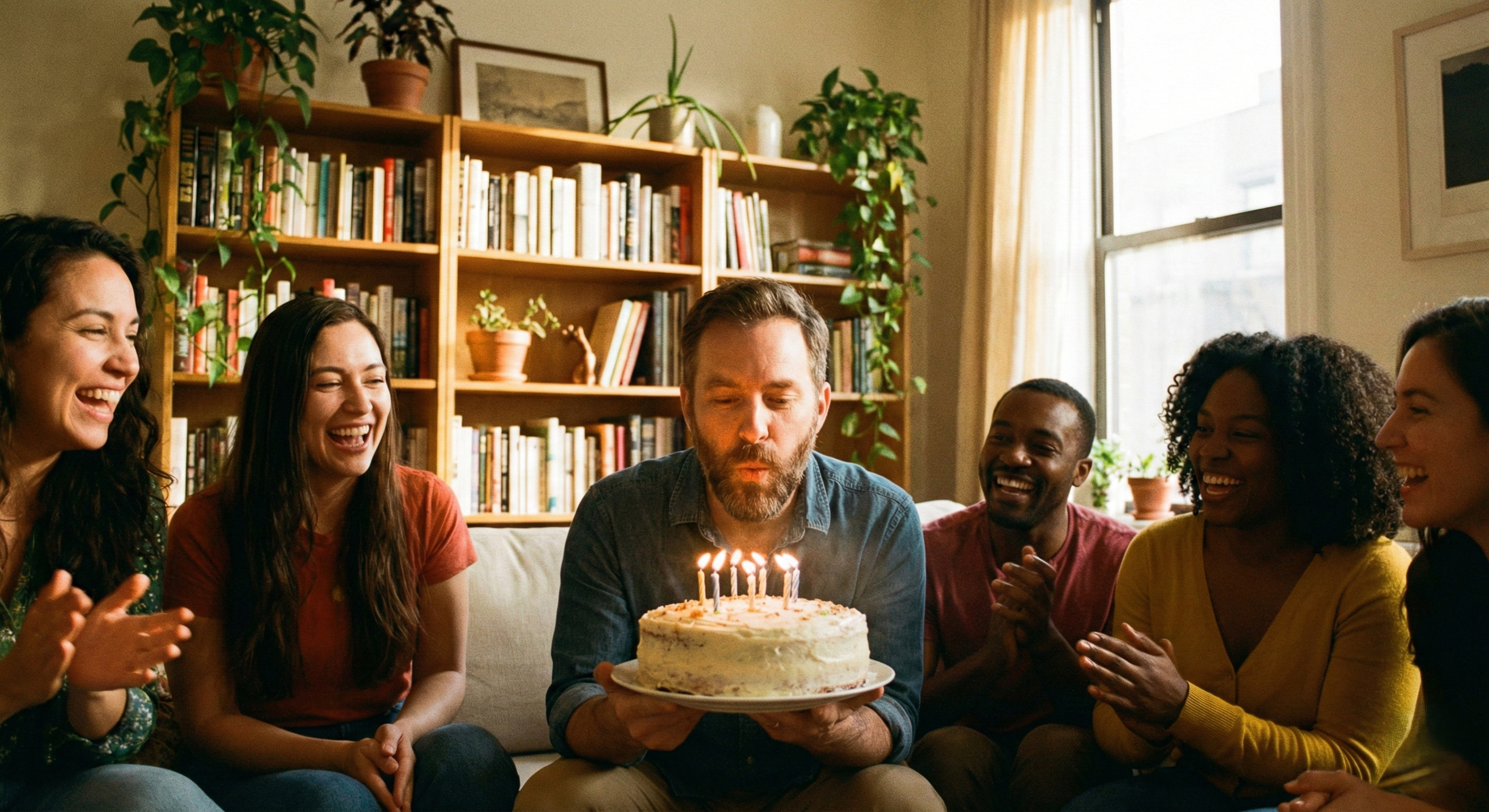 Hombre celebra su cumpleaños soplando las velas y rodeado de amigos